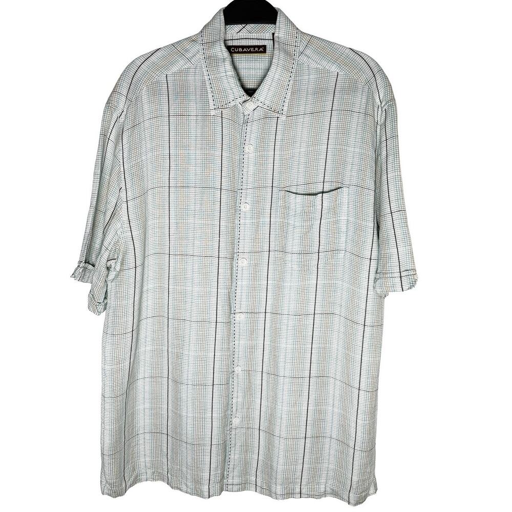 Cubavera Men's Lightweight Linen Blend Short Sleeve Button Up Shirt Plaid Check - Picture 2 of 8